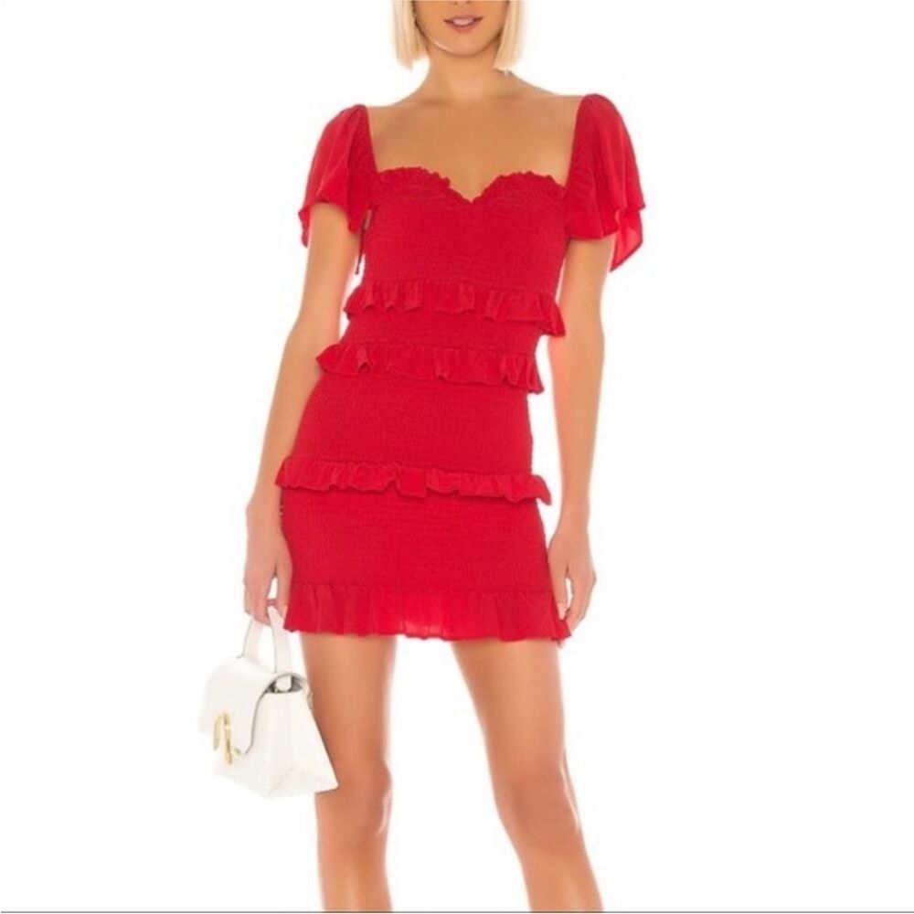 Nwt Lovers + Friends X Revolve Kace Red Ruffle Midi Smocked Bodycon Dress Large